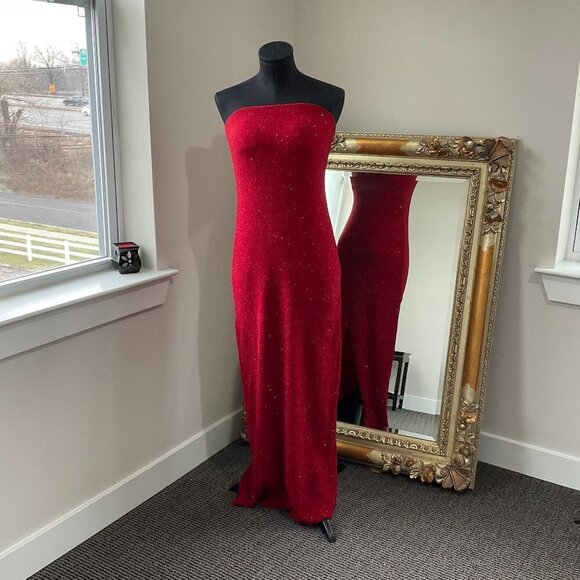 Vintage Sequin Tube Bodycon Dress Strapless Back Slit Size 8 Red - Picture 1 of 3